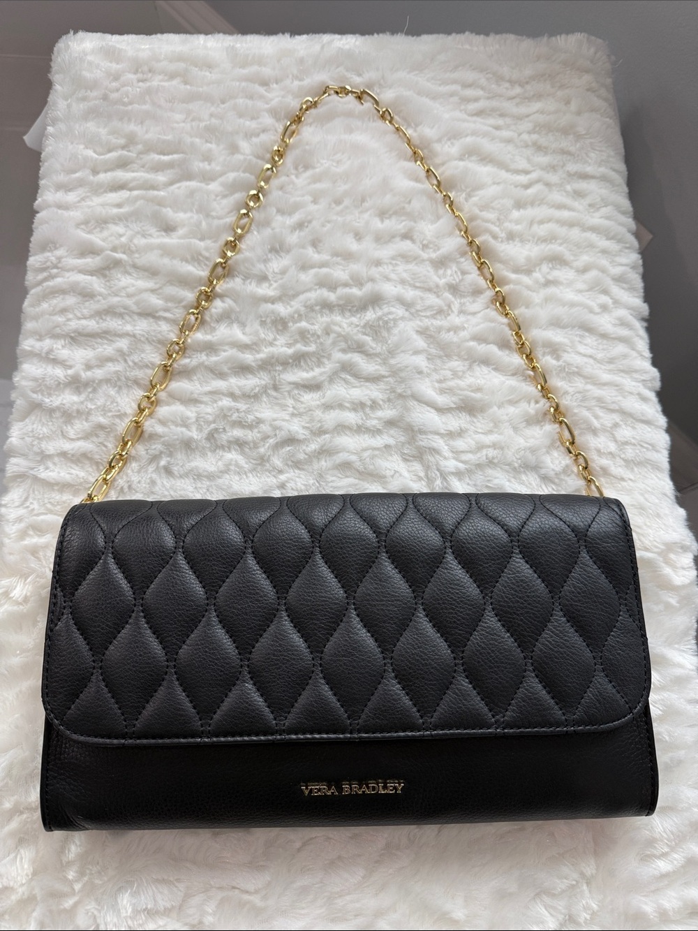 Vera Bradley Harper Clutch Black Quilted Shoulder Bag with Gold Chain